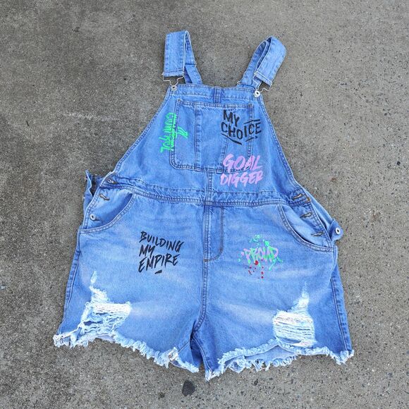 SPOON Distressed Denim Overall Shorts 1X – Graphic Cutoff Plus Size - Picture 1 of 9